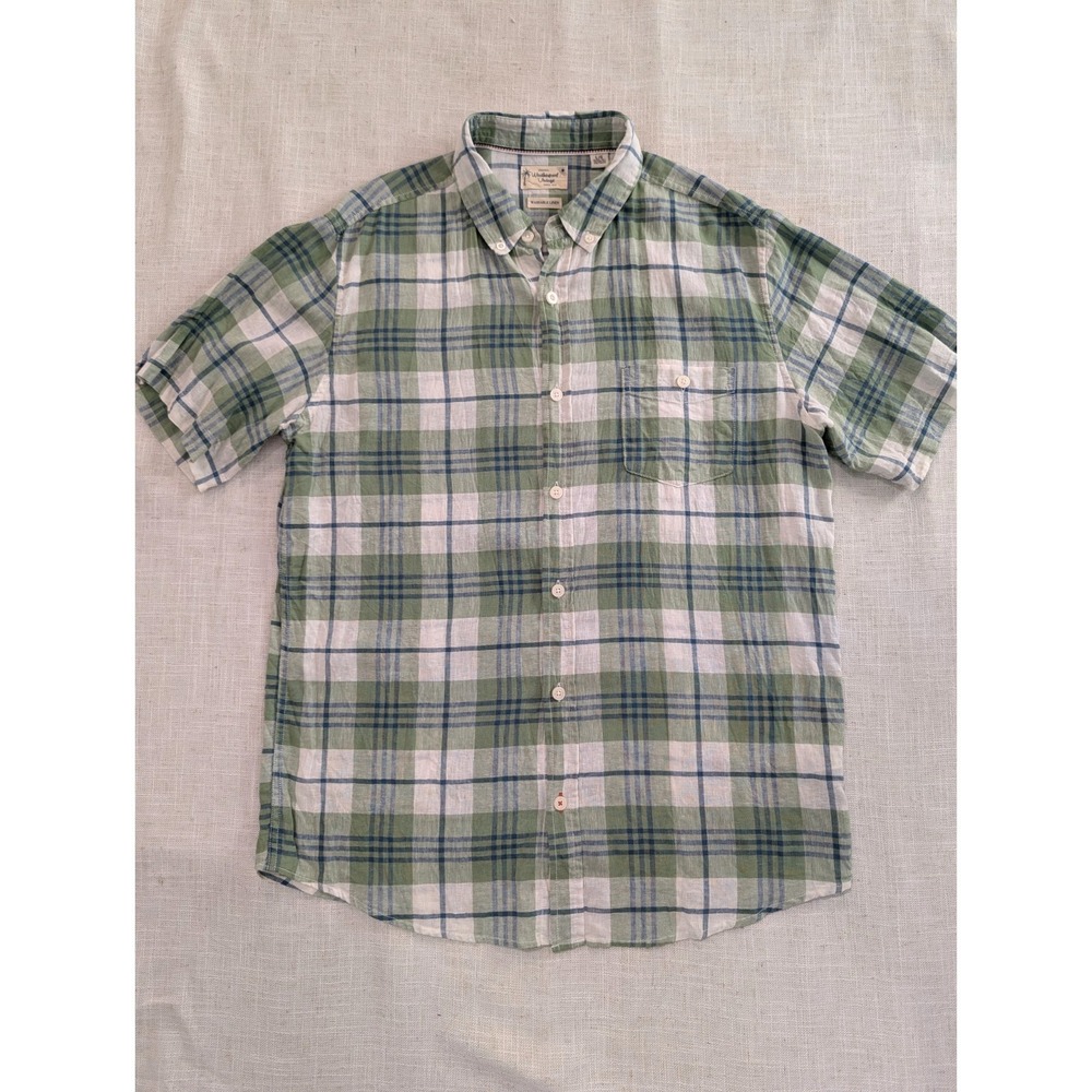 Weatherproof Vintage Linen Shirt Mens L Plaid Check Lightweight Washable Beach
